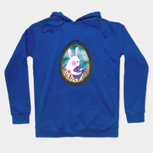 Cute white bunny with floral easter egg decoration on blue sky, version 5 Hoodie